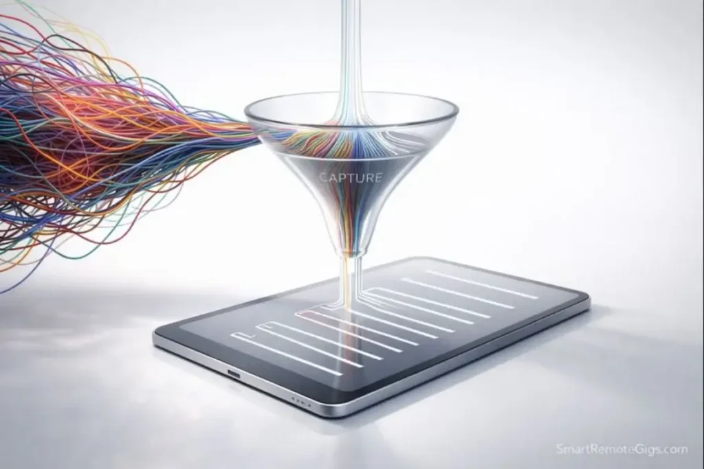 A 3D illustration showing chaotic thoughts flowing through a funnel and becoming organized lines.