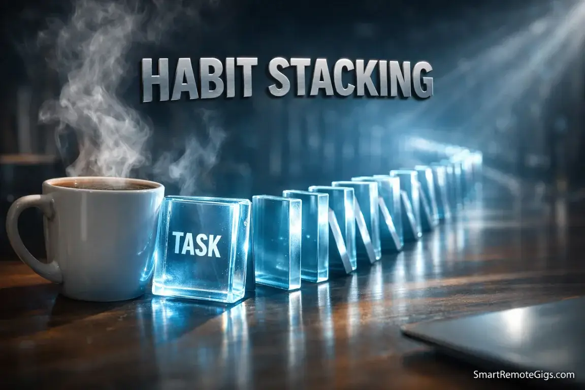 A chain reaction of dominos starting with a coffee cup, illustrating the concept of habit stacking.