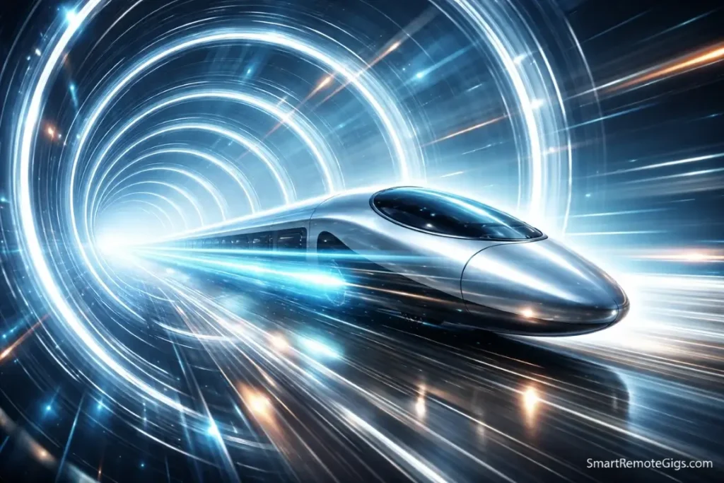 A high-speed train moving through a tunnel of rings, symbolizing the momentum of habit stacking.