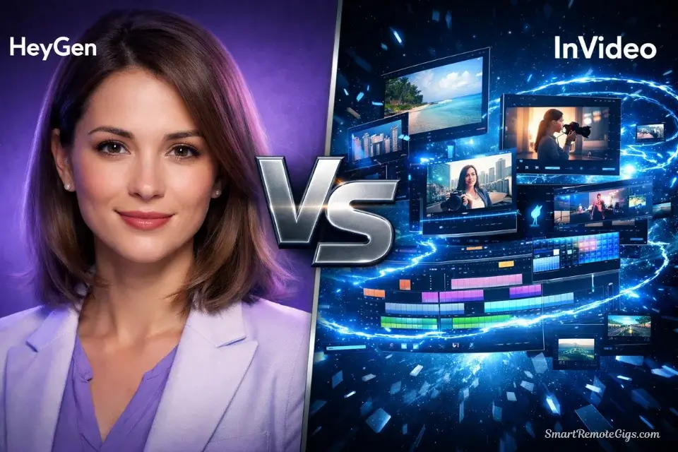 A split-screen hero image. Left side: A photorealistic AI avatar (HeyGen). Right side: A dynamic collage of video screens and editing tools (InVideo). Center: A "VS" icon.