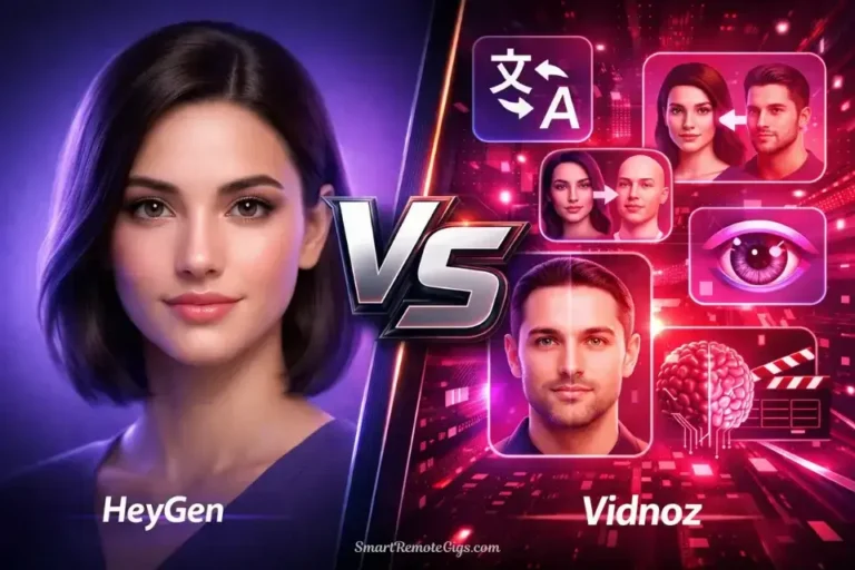 A split-screen hero image. Left: A polished HeyGen avatar in purple lighting. Right: A feature-rich Vidnoz interface in pink lighting. A VS bolt icon in the center.