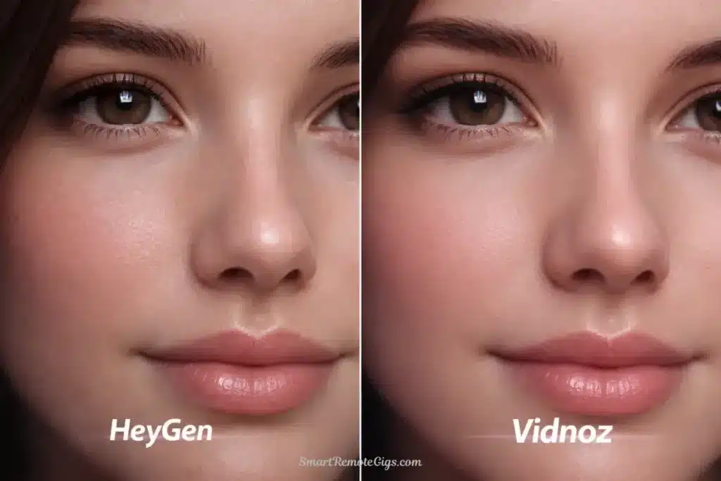 A close-up split-screen of an AI avatar's mouth and eyes. Left side shows HeyGen's detailed micro-expressions. Right side shows Vidnoz's slightly less detailed but good quality rendering.