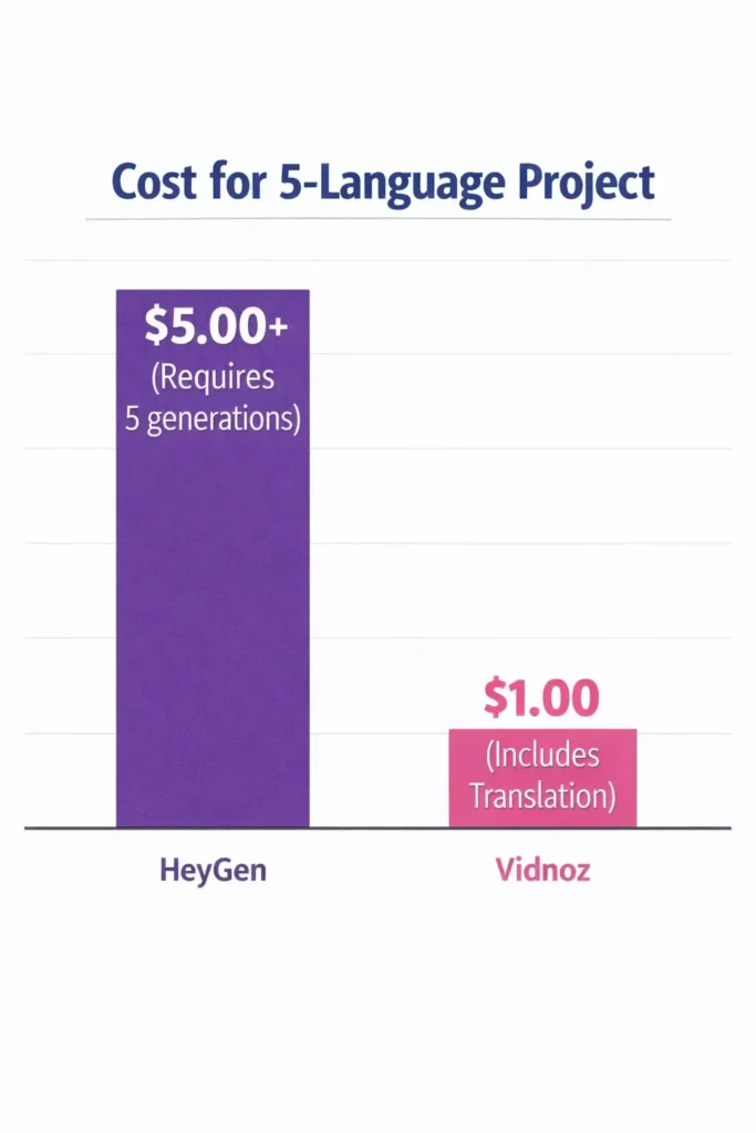 A bar chart comparing the cost per video. HeyGen's bar is higher ($5.00 for multilingual), while Vidnoz's bar is significantly lower ($1.00).