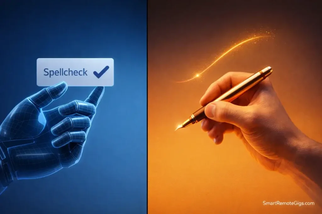 A visual comparison between a robotic AI hand and a human hand, symbolizing the nuance of human proofreading.