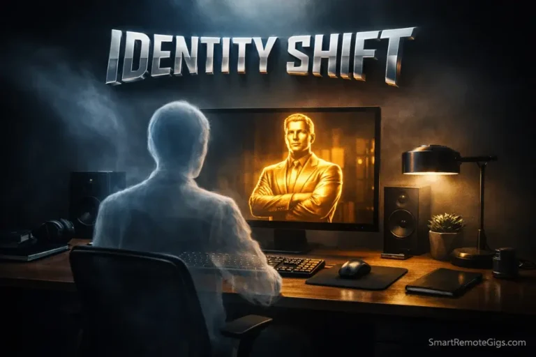 A ghostly remote worker seeing a solid, confident reflection of themselves, symbolizing the identity shift.