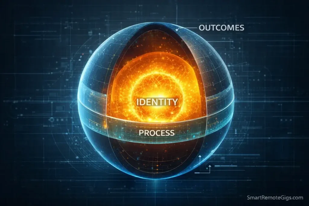 A 3D diagram showing the three layers of behavior change: Outcomes, Process, and Identity.