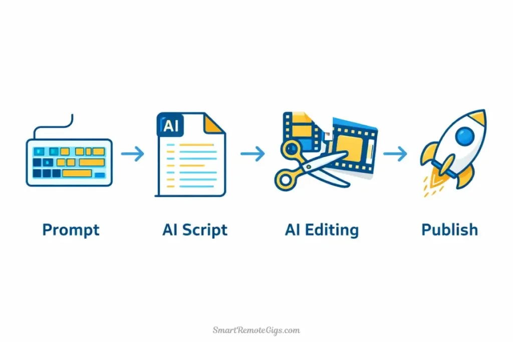 A linear timeline infographic showing the 4 steps of creating a video with InVideo AI: Prompt, Script, Edit, Export.