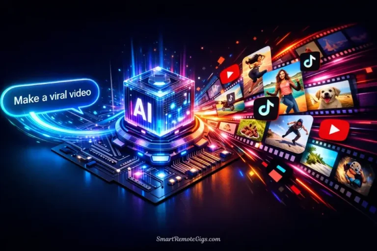 A dynamic 3D illustration of a text prompt entering a glowing AI engine and transforming instantly into a stream of colorful video clips on a timeline.