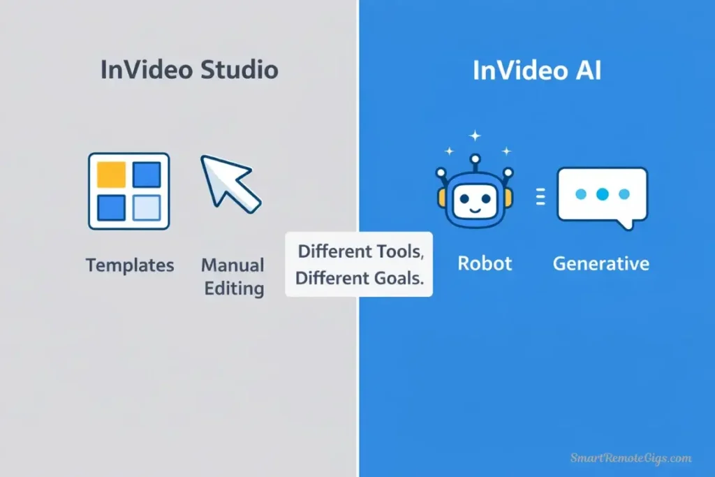 A split-screen graphic comparison. Left side shows InVideo Studio with drag-and-drop templates. Right side shows InVideo AI with a text prompt box.