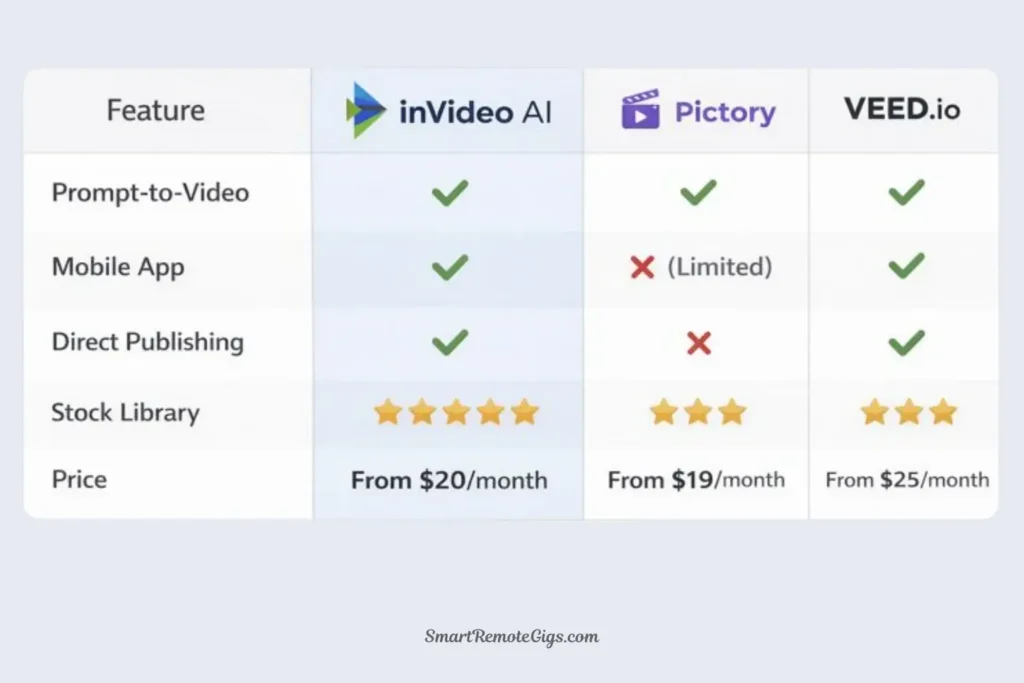 A feature matrix comparing InVideo AI against Pictory and Veed.io, highlighting InVideo's strength in volume and templates.