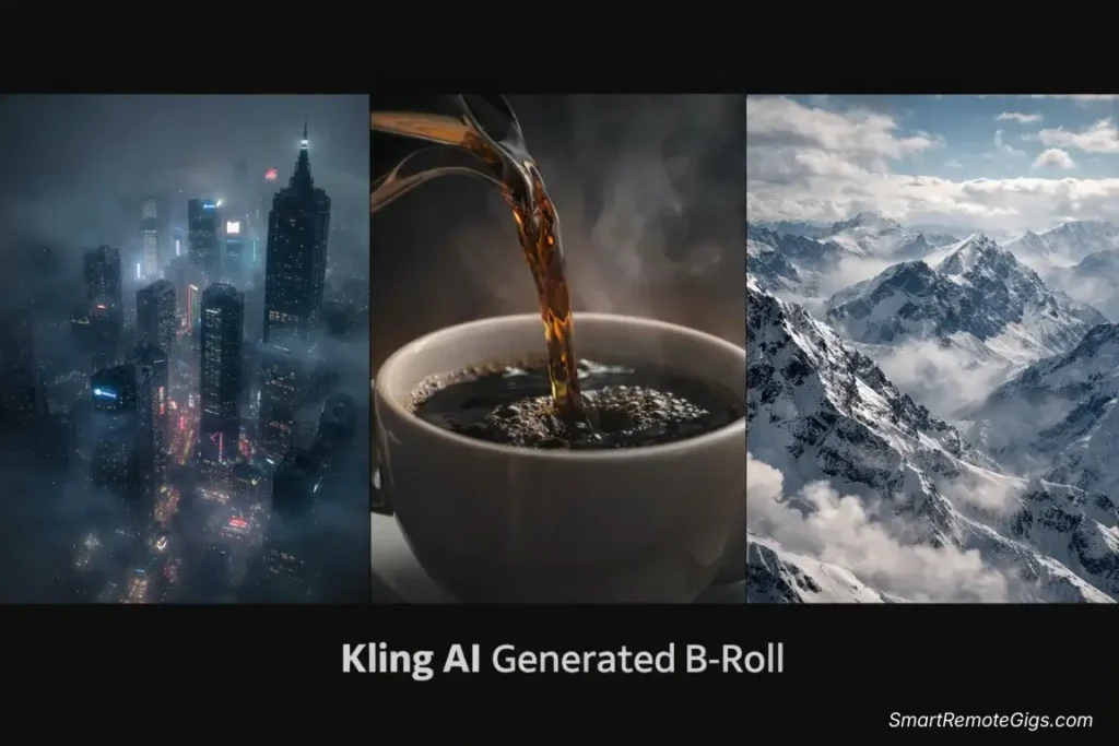 A collage of three video thumbnails: A drone shot of a city, a close-up of coffee pouring, and a nature landscape. All look indistinguishable from real stock footage.