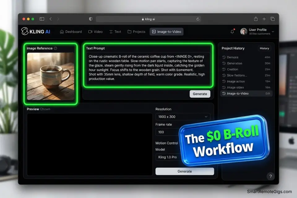 Screenshot of the Kling AI dashboard showing the image-to-video prompt interface for generating cinematic B-roll.