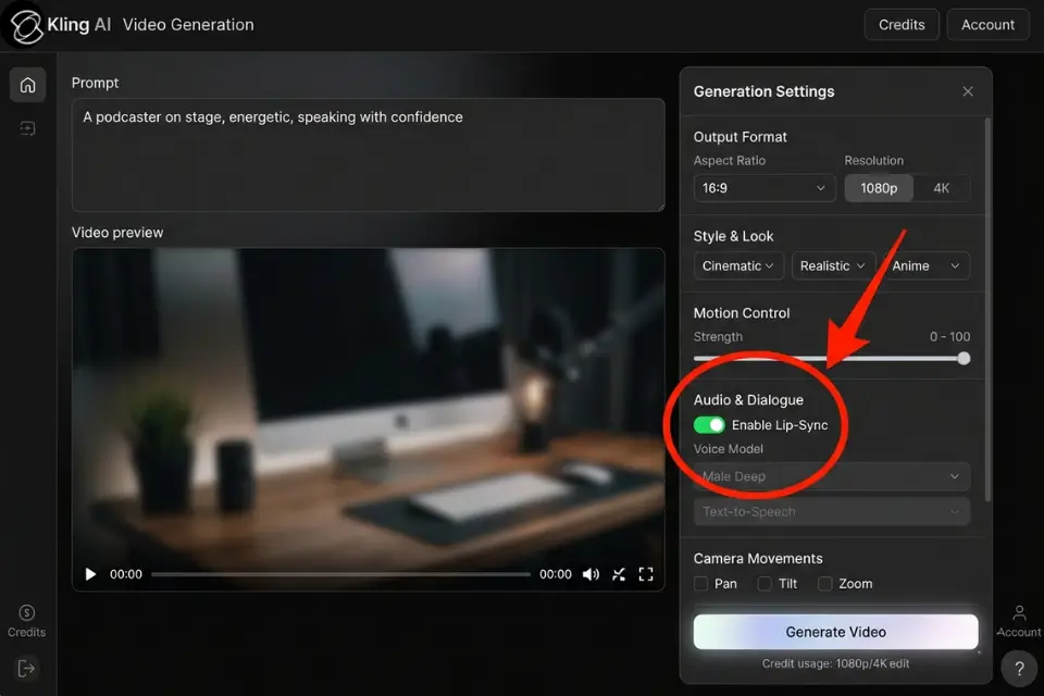 Screenshot of Kling AI settings highlighting the native audio generation and lip-sync toggle.