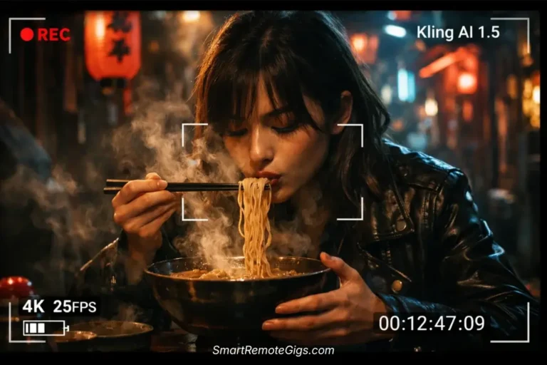 A hyper-realistic, cinematic wide shot of a woman eating noodles in a neon-lit alleyway, displayed through a camera viewfinder interface labeled 'Kling AI 1.5'.
