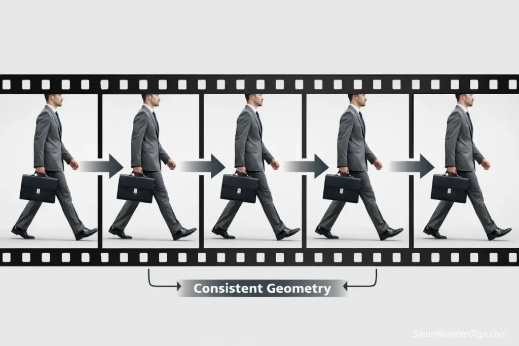 A film strip graphic showing 5 sequential frames of a man walking. The suit and briefcase remain perfectly consistent across all frames, demonstrating Kling's temporal stability.