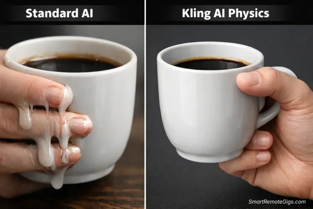 A split-screen comparison. Left side labeled 'Competitors' shows a glitchy, morphing hand holding a coffee cup. Right side labeled 'Kling AI' shows a perfect, anatomically correct hand holding a cup.