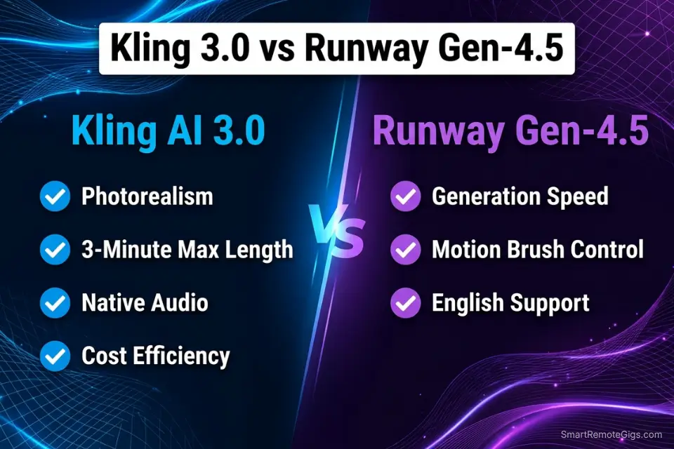 Feature comparison chart showing Kling AI winning on photorealism and Runway Gen-4.5 winning on generation speed.