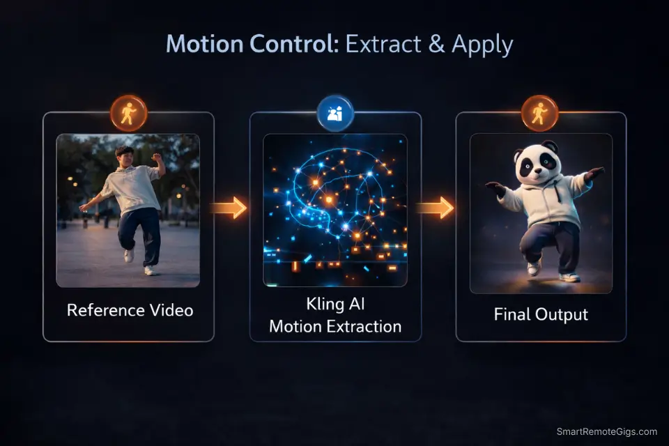 Infographic diagram showing how Kling AI's motion control extracts movement from a reference video and applies it to a new target subject.