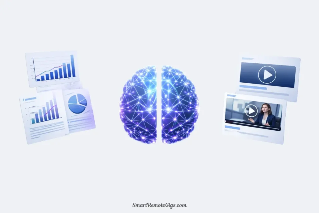 An illustration of an AI brain analyzing a complex business chart and converting it into a simplified video scene.