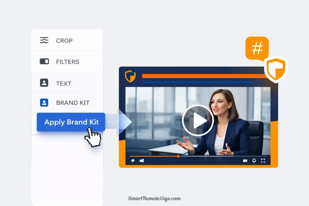 A UI mockup showing a color palette and logo being applied to a video frame, demonstrating Lumen5's brand kit feature.