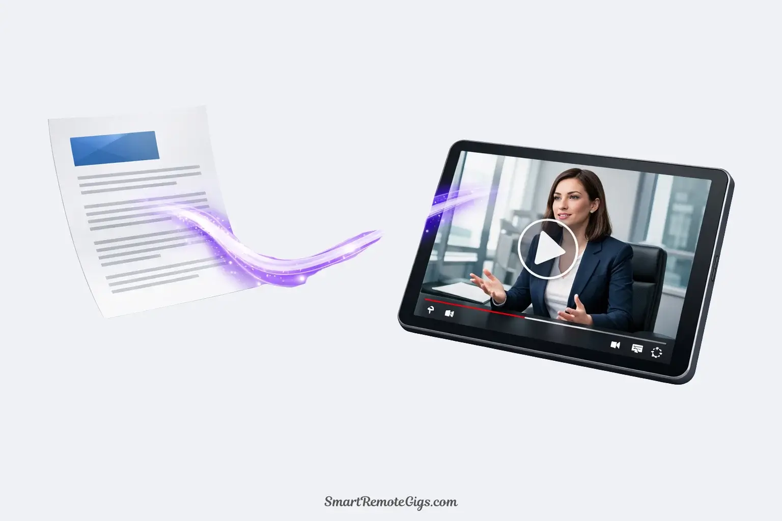 A high-tech illustration showing a written blog post transforming into a sleek video player, representing Lumen5's content repurposing capabilities.