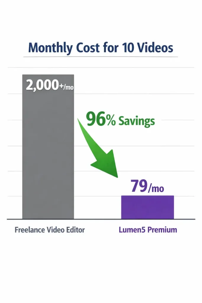 A bar chart comparing the high monthly cost of a freelance designer versus the low monthly cost of a Lumen5 subscription.