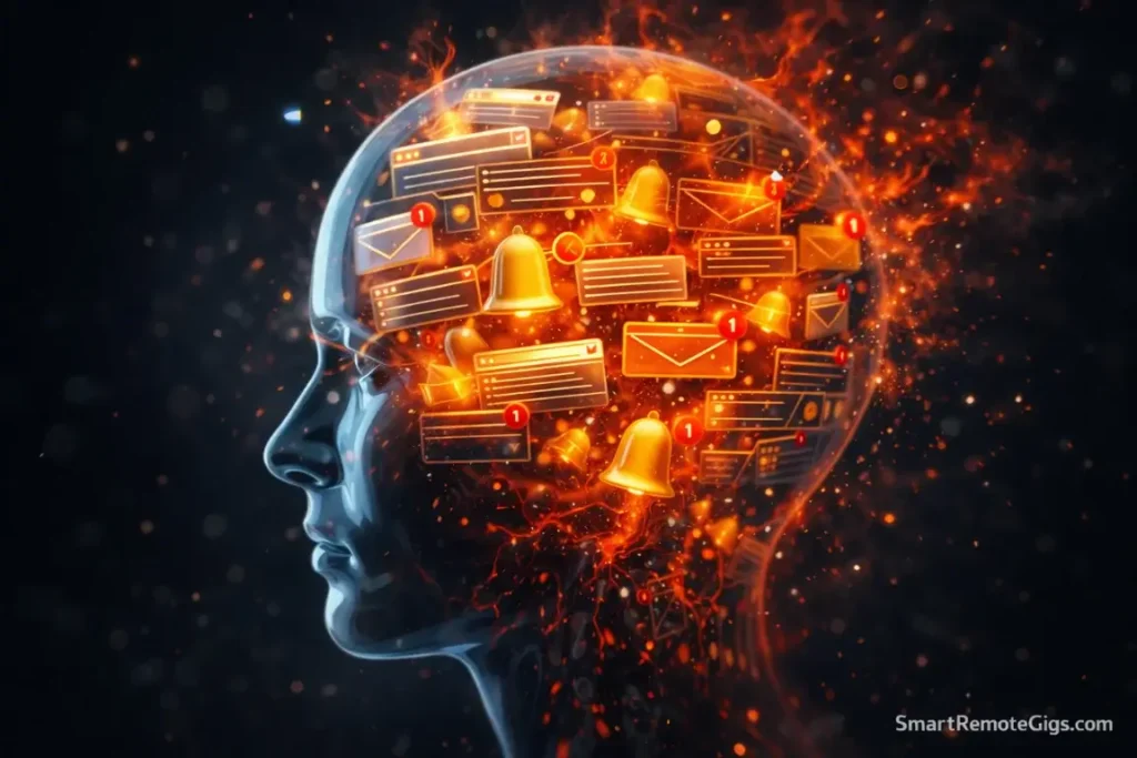 A glass human head filled with chaotic glowing browser tabs and icons, representing mental overload.