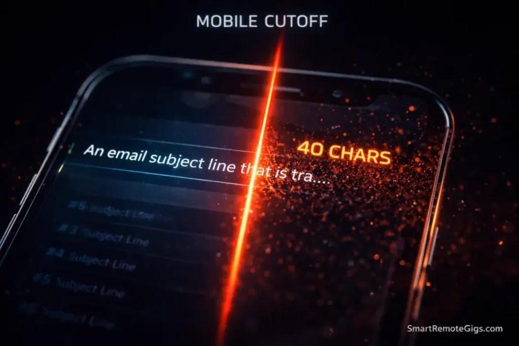 A digital laser slicing off an email subject line at the 40-character mark on a mobile screen.