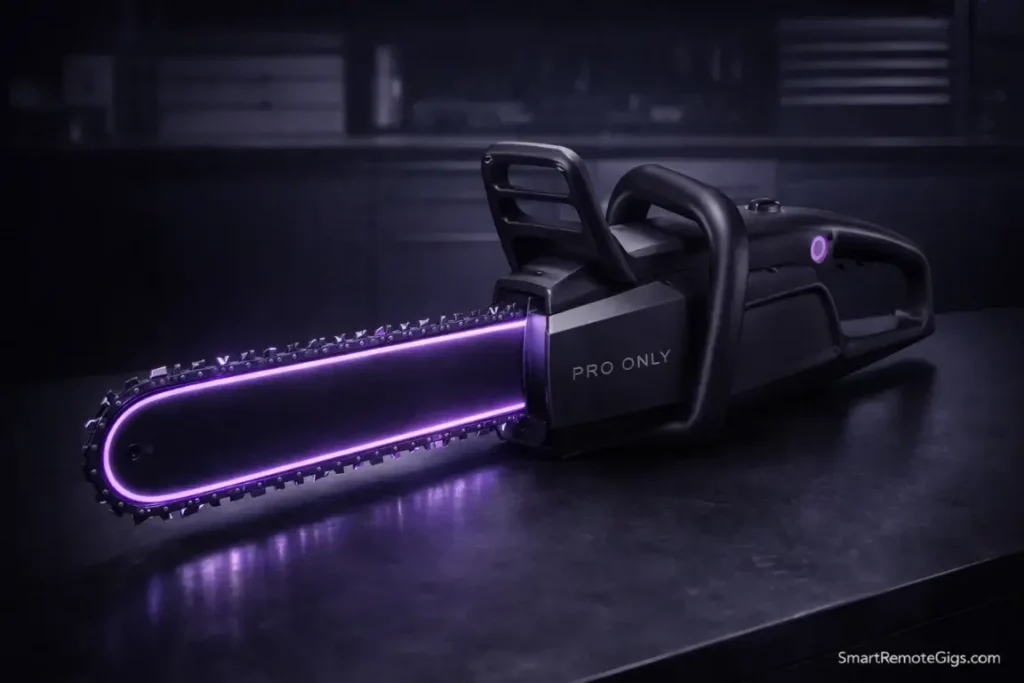 A sleek, futuristic cutting tool glowing purple, symbolizing the power and danger of OmniFocus.