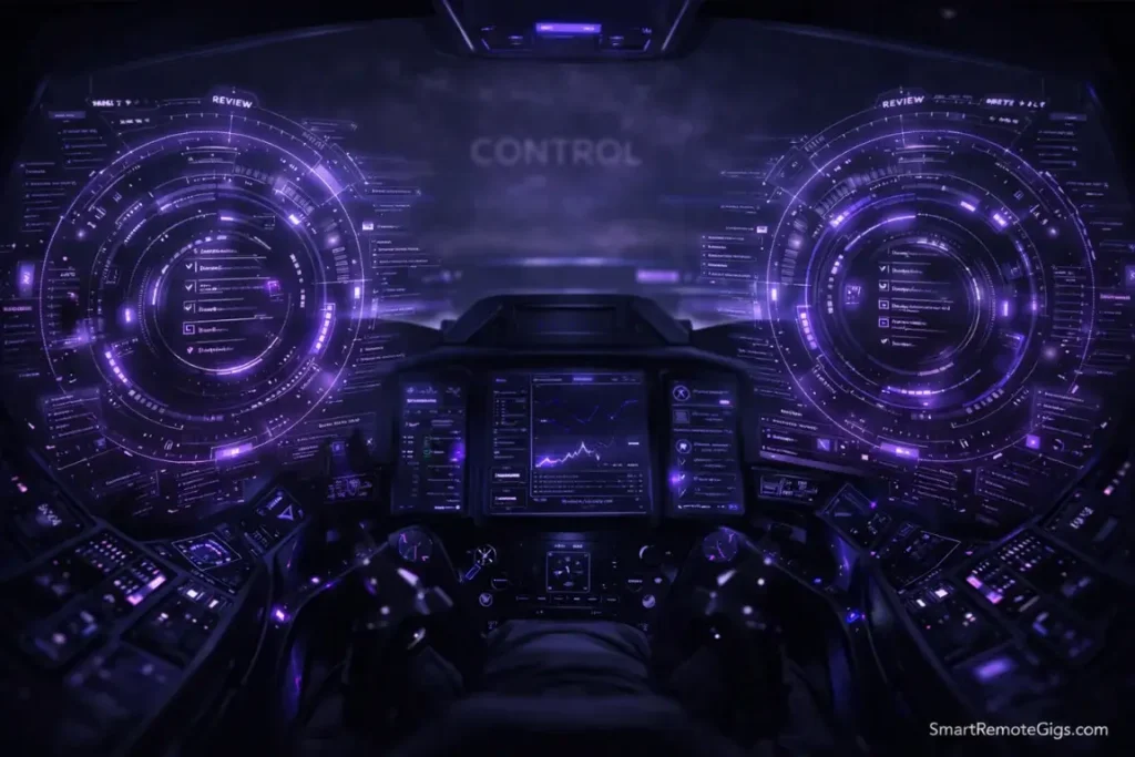 A futuristic cockpit view with holographic task data, symbolizing the control OmniFocus gives power users.