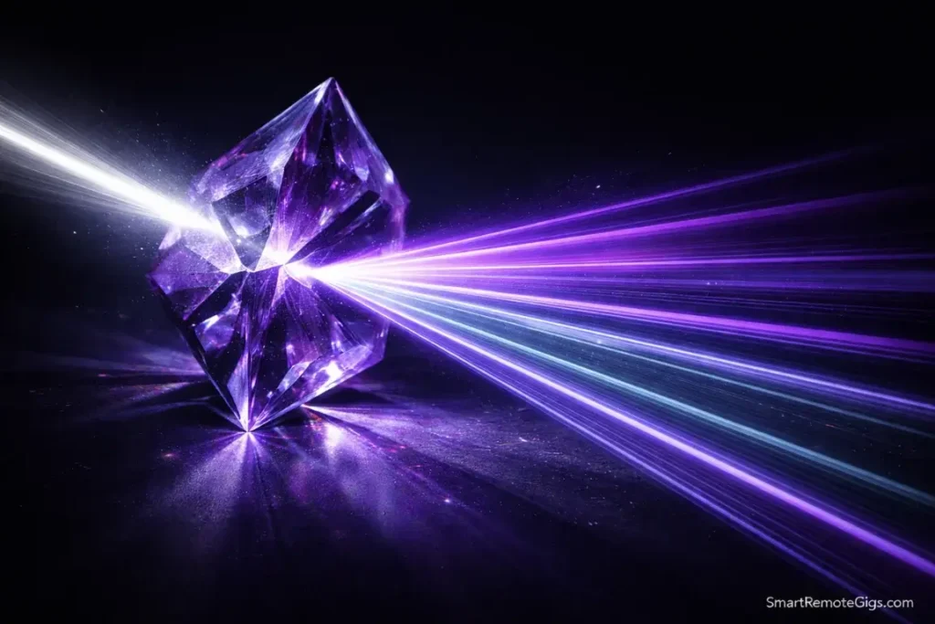 A beam of light being organized into parallel lasers by a purple crystal, symbolizing OmniFocus Perspectives.