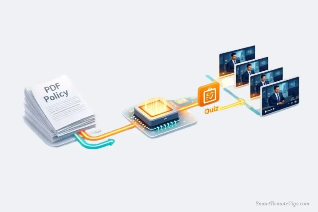 A conceptual illustration showing a PDF document entering a machine and emerging as a structured video course with scenes and quizzes.