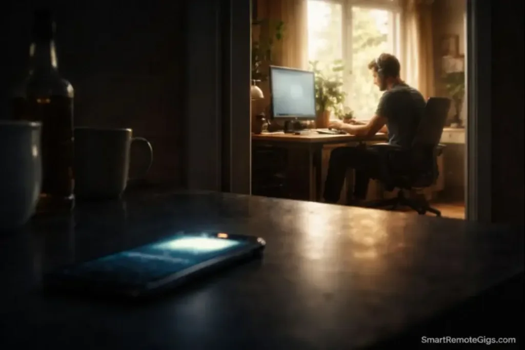 A smartphone left alone in a dark kitchen while a worker focuses in a separate bright office.