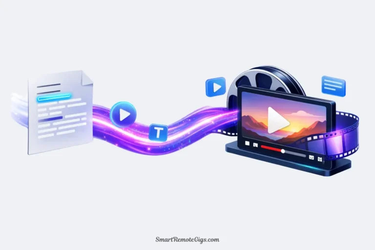 A 3D isometric illustration of a floating text script transforming into a glowing film reel, symbolizing Pictory's script-to-video AI capabilities.