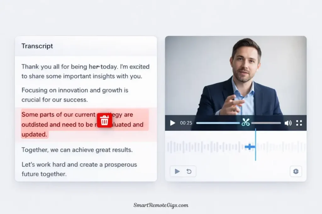 A stylized UI mockup of Pictory's text-based video editor. A sentence is highlighted and deleted from the transcript, and the corresponding video clip is removed.