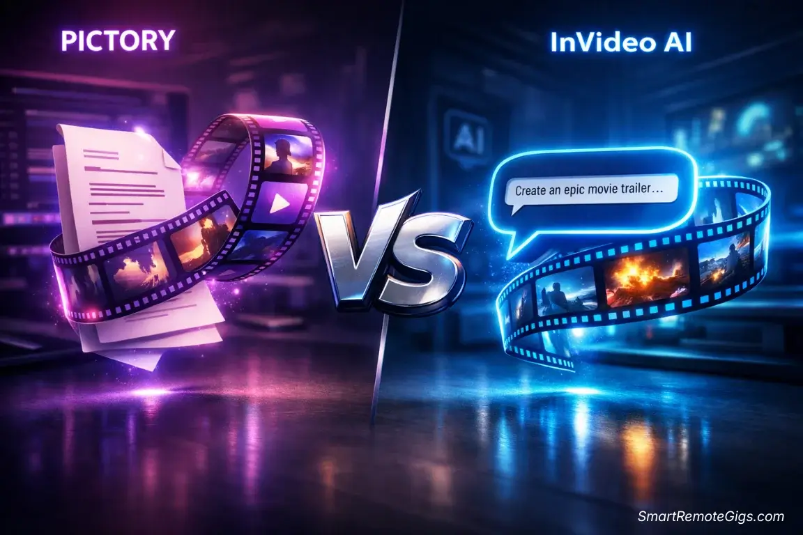 A cinematic split-screen comparison. Left side shows Pictory's interface processing a blog script (Purple). Right side shows InVideo AI generating video from a text prompt (Blue). Center: A sleek VS icon.