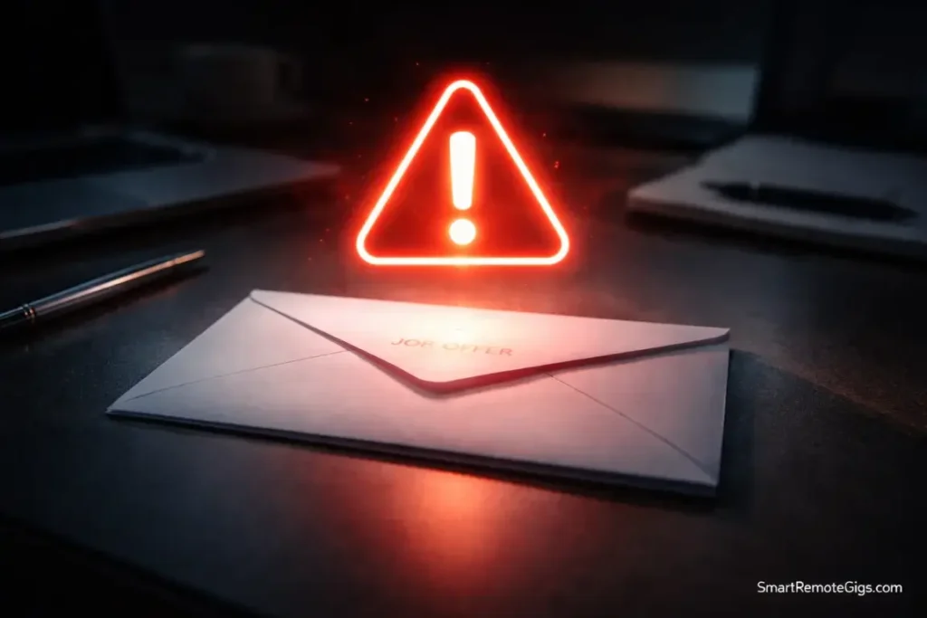 A job offer envelope with a glowing red warning symbol, representing freelance scams to avoid.
