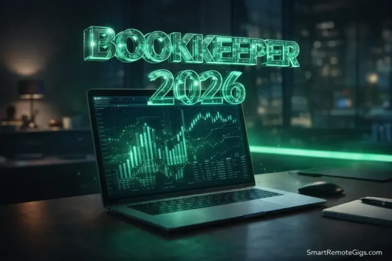 A futuristic home office setup with glowing green financial charts, symbolizing modern remote bookkeeping.