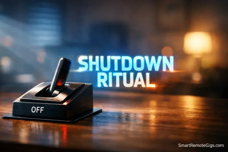 A futuristic switch being toggled off, labeled Shutdown Ritual, symbolizing the end of the remote workday.