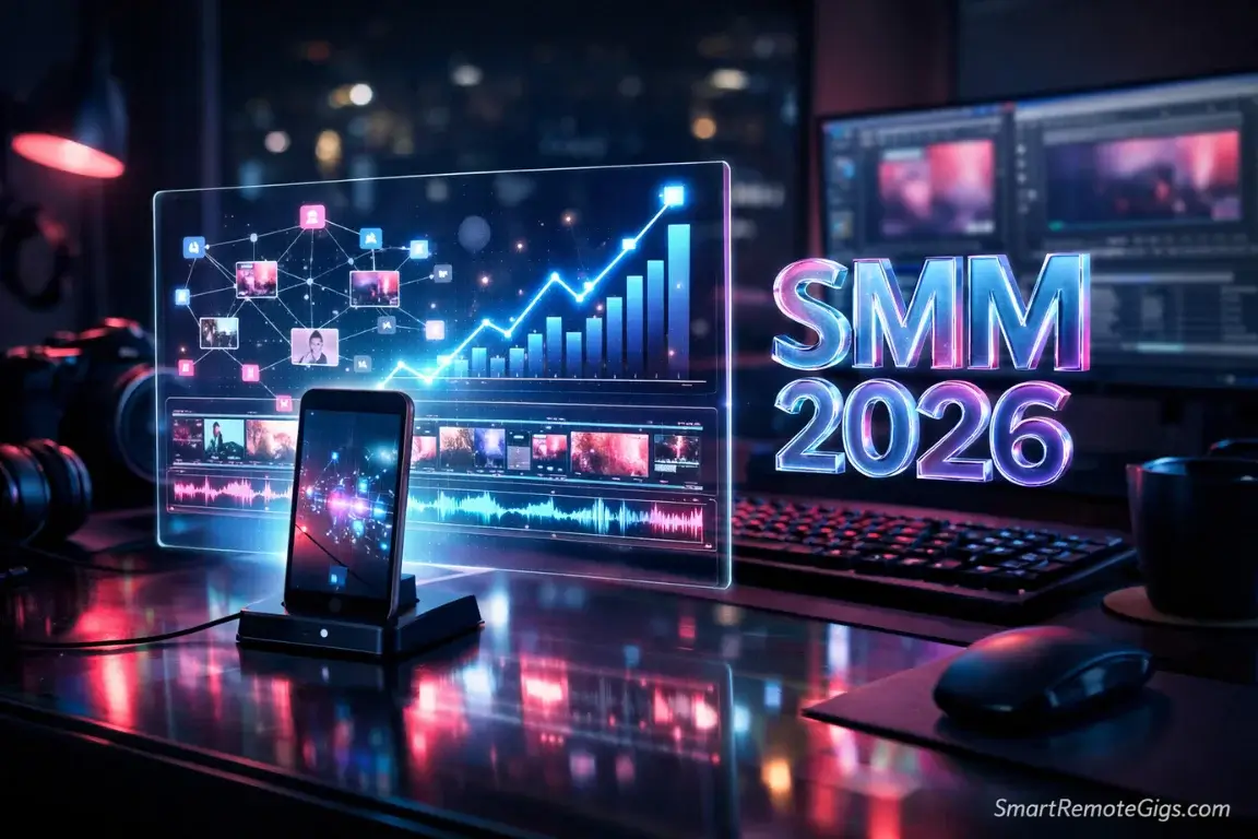 A futuristic workspace with a smartphone projecting holographic analytics and video timelines, representing the 2026 Social Media Manager role.