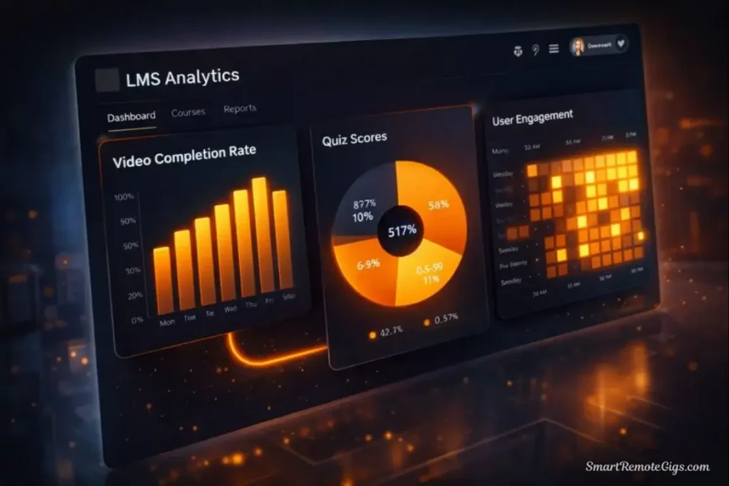 A futuristic UI mockup of a Learning Management System dashboard showing video completion rates, quiz scores, and user engagement heatmaps.