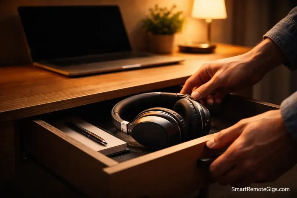 A remote worker putting away technology into a drawer, signaling the end of the day.