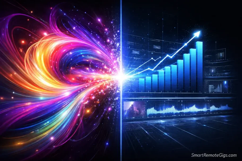 Abstract art transforming into a structured data chart, symbolizing the balance of creativity and analytics in social media management.