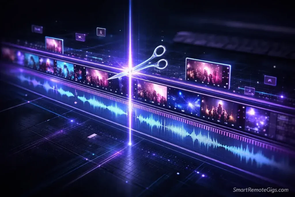 A glowing 3D video editing timeline floating in air, representing the essential skill of short-form video editing.