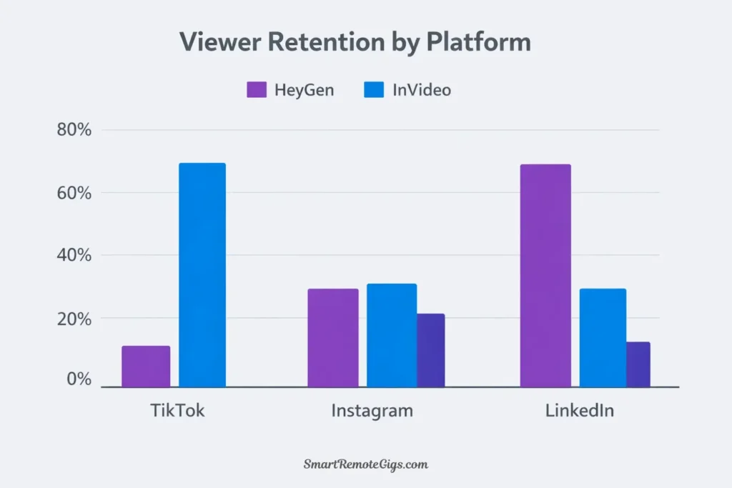 A bar chart comparing retention rates. InVideo is higher for TikTok/Reels, while HeyGen is higher for LinkedIn/Facebook.