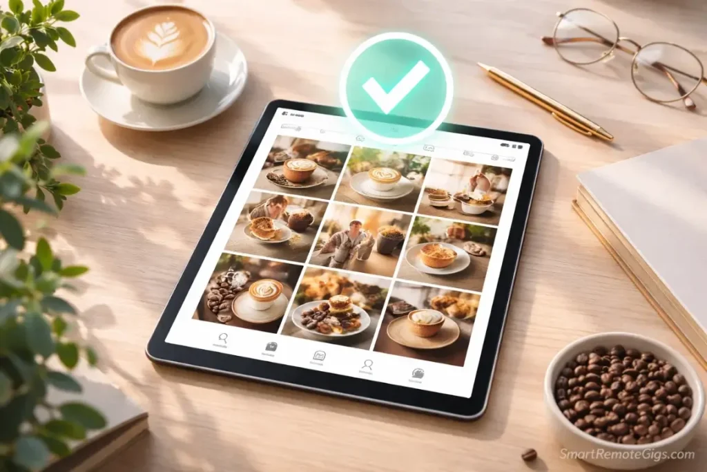A tablet displaying a curated 9-grid social media portfolio, representing the "Mock Brand" strategy.