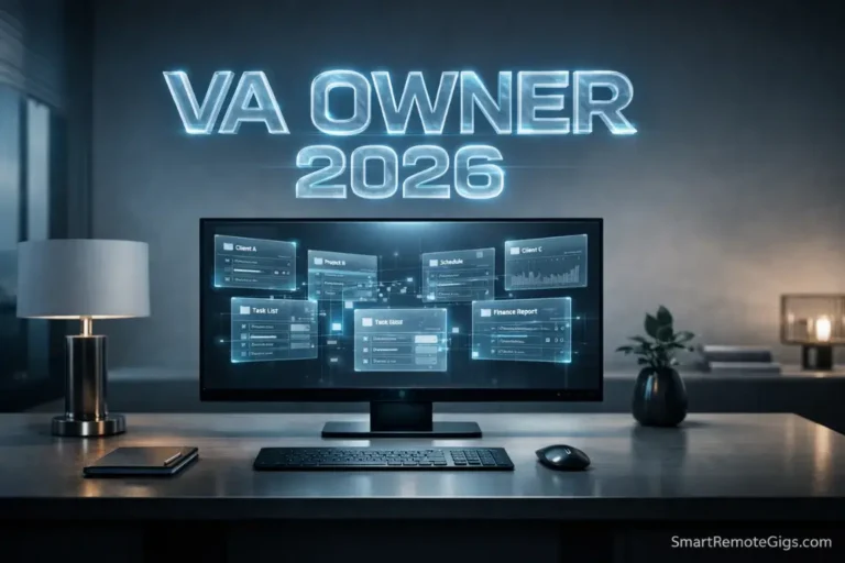 A futuristic home office command center with holographic dashboards, symbolizing the modern Virtual Assistant business owner.