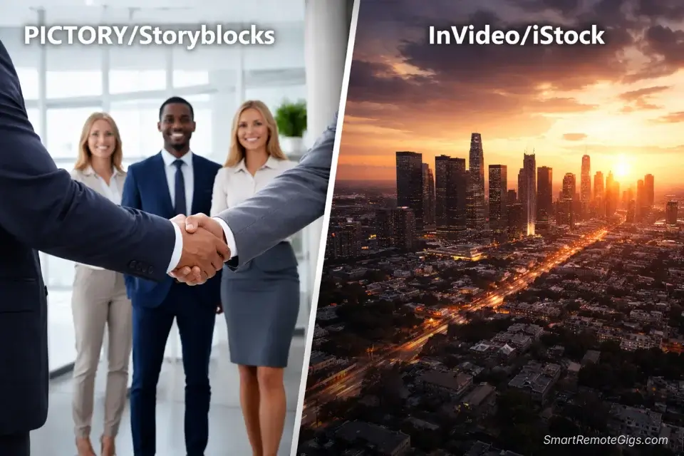 A split-screen comparison of stock footage styles. Left (Pictory): Corporate business footage. Right (InVideo): Cinematic, high-energy B-roll.