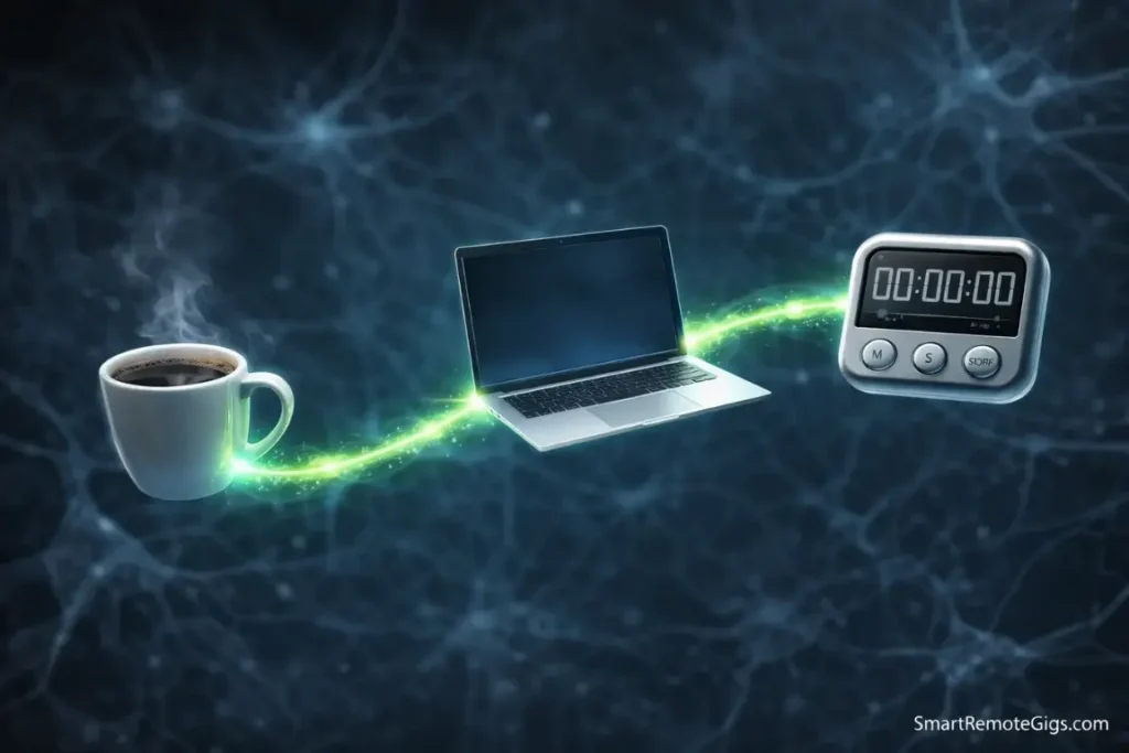A glowing neural pathway connecting a coffee cup, laptop, and timer, illustrating synaptic pruning.