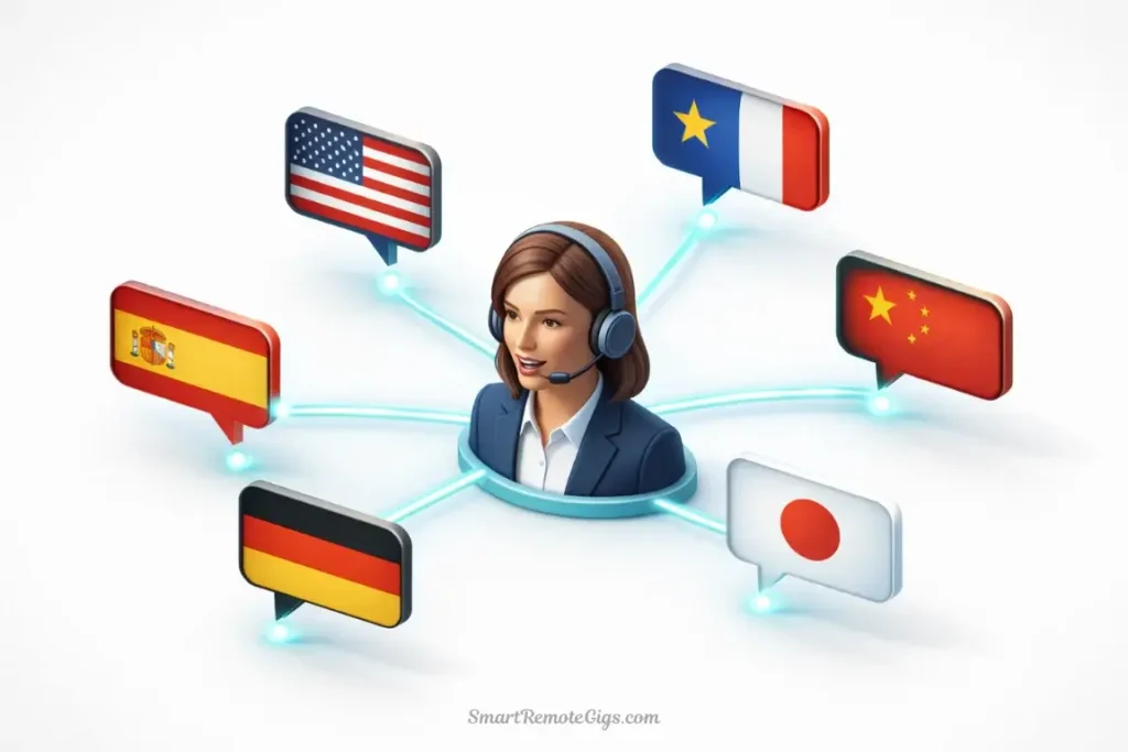 A 3D illustration showing a central AI avatar connected to speech bubbles representing multiple global languages like Spanish, Mandarin, and German.
